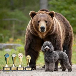 Giant grizzly bear with a poodle cut next to his 'Best in Show' trophies, Nature Photographer