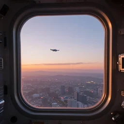 wide angle photo looking out the window of a space capsule, liminal, cinematic, dreamscape, cinematics lighting, sunset colors, flying in the air, city in background
