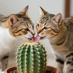 A cat licking a cactus