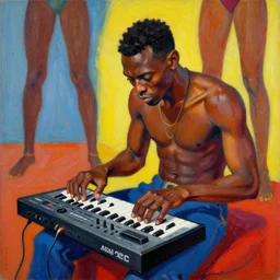 an African cyclops (from x-men) playing an Akai MPC 2000XL, colourful painting by Toni Toscani, in the style of 'Woman in Brown Pants' (2018)