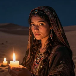 nomad tribe young woman of the desert in night, candles light,, close - up portrait, poor, intricate, elegant, volumetric lighting, scenery, digital painting, highly detailed, artstation, sharp focus, illustration, concept art, ruan jia, steve mccurry, peter lindbergh