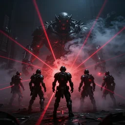 giant group smoke bodies, lasers, darkness, from behind, wide angle, elaborate, smoke, red dot, highly detailed, beautiful lighting