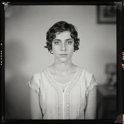 kodak portra 4 0 0, wetplate, portrait photo by britt marling, 1 9 2 0 s room, a giant vintage television, 1 9 2 0 s furniture, wallpaper, picture frames, carpet, shining lamp, muted colours, blueberry, wood,
