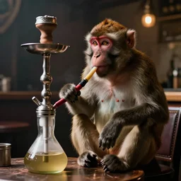 Monkey sucking on a shisha pipe in a shisha bar