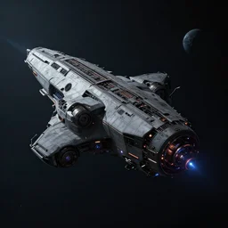 huge transportation spacecraft in space nearing a planet, dark, cyberpunk, moody, luminescent, ambient lighting, syd mead, greg rutkowski, wlop, artgerm, artstation, highly detailed