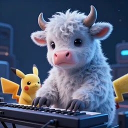 high quality 3 d render very cute neuromancer fluffy! mutant cow hybrid! playing keyboard, highly detailed, unreal engine cinematic smooth, in the style of blade runner & detective pikachu, hannah yata charlie immer, moody blue light, low angle, uhd 8 k, sharp focus