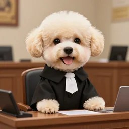 a closeup photorealistic illustration of a smiling bichon frise judge puppy wearing a black gown at the bench and commanding the courthouse. this 4 k hd image is trending on artstation, featured on behance, well - rendered, extra crisp, features intricate detail, epic composition and the style of unreal engine.