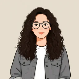 A south east asian woman with long curly hair wearing glasses, grey jacket, white t-shirt, cartoon style, digital art
