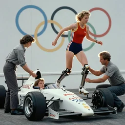 The matrix, LeeLoo, Starship Troopers, Olivia Pope, 1960's Olympics footage, Sprinter athletes recovering from a race, tuning their mechanical legs with mechanics helping, intense moment, cinematic stillframe, backlit, The fifth element, vintage robotics, formula 1, starring Geena Davis, clean lighting