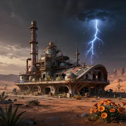 a beautiful ultradetailed render of industrial architecture building cottage city abandoned by santiago calatrava, at night desert uv light at dusk futuristic mars nightvision otherworldly assassin's creed vaporwave universe flowers azeroth scumm bar thunderstorm, archdaily, wallpaper, highly detailed, trending on artstation.