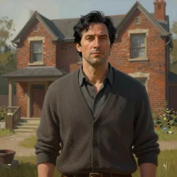 painting of a middle aged man with black hair wearing a cardigan in front of an old brick house, trending on artstation, unreal engine, fantasy art