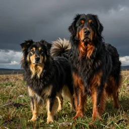 a giant long haired black - yellow dog and a giant long haired black - red dog
