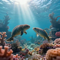 distant cyberpunk wildlife fighting underwater, coral, vibrant, sun rays, sparkling, bokeh, hyper realistic, hyper detailed, digital art, trending in artstation, studio quality, photorealistic, photo, by jesper ejsing, wlop, paul lehr