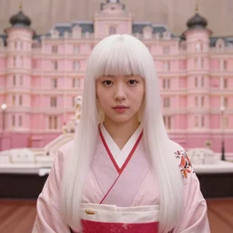 a film still of a japanese princess young lady called kamisato ayaka, with white hair and bangs!!!! in the grand budapest hotel ( 2 0 1 4 )