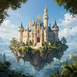 in the blue sky levitates a beautiful fantasy island, on the island is a huge beautiful rococo castle within a magic forest, cinematic lighting fantasy elegant retro futuristic hyperdetailed artstation, very long shot, panorama