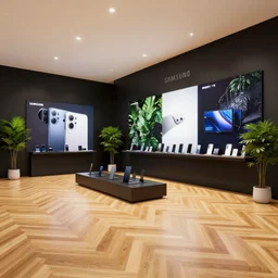 hyperdetailed samsung store, oak parquet, black walls, digital walls, plants. volumetric light corona octane renderer.