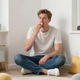 tall swedish man sitting in the corner of a kids room, eating birthday cake wearing a birthday hat. f 4 hassleblad dramatic beautiful natural lighting
