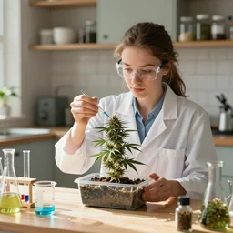 environment portrait of sensible australian young female scientist ( conducting ) cannabis science experiment in homely kitchen environment, luxury beakers funnels and jars, makes medicine from a small cannabis garden in a rectangular pot, caustics, glassware, natural sunlight, octane render 8 k trending on artstation