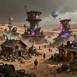 a steampunk village in the desert, junk everywhere,neon lights, neon signs, magical atmosphere, mist, steam, photo realistic, 35mm, Matte painting, octane render, 8k, corona render, movie concept art by guido borelli da caluso