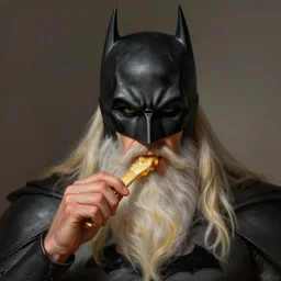 portrait of batman eating gandalf beard, highly detailed, digital painting, artstation, concept art, smooth, sharp focus, illustration, art by artgerm and greg rutkowski and alphonse mucha