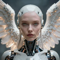a stunning ultra detailed fantasy fine art portrait photo of a robot from ex machina movie dressed as an angel with glowing wings, by artgerm, karol bak and anna dittman, 2 4 mm lens, golden ratio composition, deep depth of field, perfect eyes and face, cyberpunk, soft lighting, artstation, 8 k