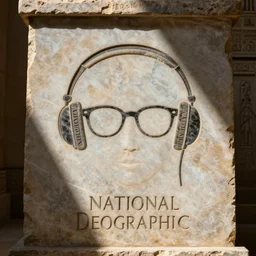 photo of a hipster in glasses and headphones inscribed on the wall of a tomb in egypt, historical, artifact, marble, stone, national geographic, relic