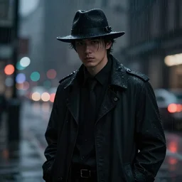 noir detective with rain in the background bokeh by blizzard concept artists, lofi vaporwave aesthetic, art nouveau style, rendered in arnold, featured on artstation and cgsociety