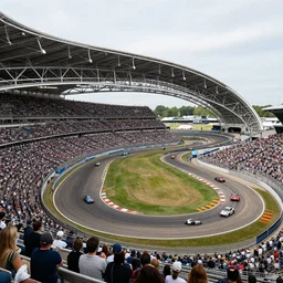 a racetrack with a massive huge looping construction. thousands of people watching. cars are driving through the looping.