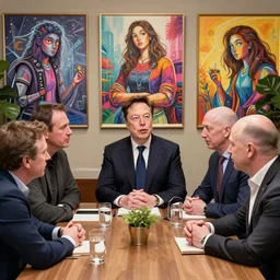 elon musk, mark zuckerberg, jeff bezos, in meeting together, very detailed, art contest winner on behance, trendy on deviant art, by artgem, stanley lau, craig mullins