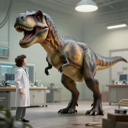 a t-rex controlled by a scientist, photorealistic, 20B parameters