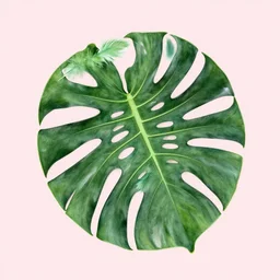 a monstera leaf made of feathers, detailed digital art, on a light pink background