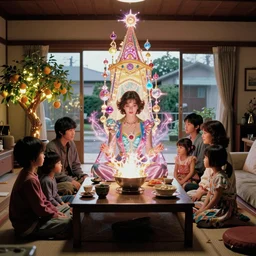 movie still by alejandro jodorowsky of a beautiful day in a japanese family living room in a suburban neighborhood, visible magic energy, dream high fashion costumes, glowing fruit trees, irridecent ornaments, big magical parade float, cinestill 8 0 0 t eastmancolor technicolor, high quality, very detailed, heavy grain, fine facial features, 8 k, octane render