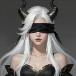a highly detailed illustration of beautiful long white haired young horned girl wearing black blindfold, art by artgerm and greg rutowski and ilya kuvshinov, intricate, elegant, highly detailed, centered, digital painting, artstation, concept art, smooth, sharp focus, league of legends concept art, wlop.