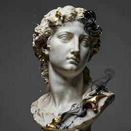 epic concept art. abstract female face silhouette mixing with black and gold liquid fluid and smoke. bust sculpture. highly detailed. masterpiece of renaissance sculpture by michelangelo. concept art, matte painting. cyberpunk
