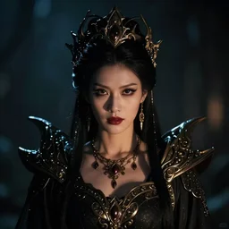 Akasha, Queen of the Damned, full face frontal centred, very detailed, portrait, high contrast, menacing, powerful, filmic, shallow focus, night time