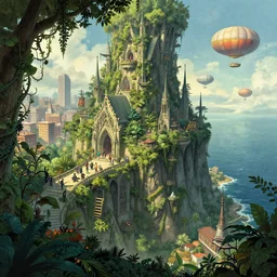 gothic foliage architecture busy city on a cliff by the sea side, nice view, airships, dense foliage poster art by kim jung giu and weta studio, and lucasfilm and jesper ejsing and norman rockwell greg rutkowski frank frazzeta