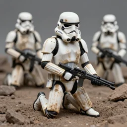 a 5 0 mm photo of a star wars imperial dirty filthy muddy stormtroopers kneeling in the bomb craters of ww 2, sun, moon, smoke, planet, fire, volumetric lighting, action pose, thomas kinkade, greg rutkowski, detailed illustration, digital art