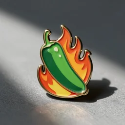 a retro minimalistic jalapeno on fire flames enamel pin, hd, concept art