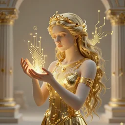the ethereal goddess of technology bestows the gift of circuits to humanity. immaculate matte painting. fantastic. velvet and gold. high key studio lighting. fractal dreams. ancient greece, trending on artstation, cgsociety, ps 5, uhd 8 k cryengine