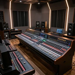 giant futuristic music studio full of mixers, stands and speakers, led stripes, illuminated knobs, illuminated faders, intricate insanely detailed octane render, 8K artistic photography, photorealistic
