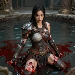 lee jin - eun in high - end damaged battle suit emerging from pool of blood in god of war 4 game set in ancient italy by peter andrew jones and conrad roset, rule of thirds, seductive look, beautiful