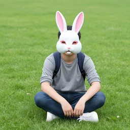 a person sitting in the grass with a bunny mask on by albright ivan