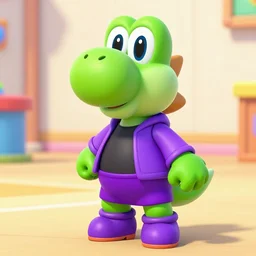 anthropomorphic light green yoshi wearing a purple jacket, black shirt, purple skirt, purple heels, nintendo