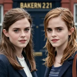 two parts : katie holmes at left, emma watson at right, baker street 2 2 1 b at background, 8 k, hd, cinematic, ultra detailed faces, movie still