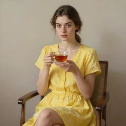 a beautiful young woman sitting alone on a chair, she is wearing a yellow dress and holding a cup of tea in both hands, her hair is tied back and she is staring straight into the camera, digital art, oil on canvas, sharp focus, soft lightning, trending on artstation