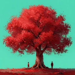a cinematic scene red cherry tree, turquoise background, intricate, highly detailed, digital painting, artstation, concept art, smooth, illustration, art by artgerm and hsiao ron cheng