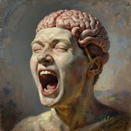 A disembodied head screaming with the top half removed, exposed brain, oil painting, surrealism style