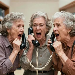 three old ladies shouting into a landline telephone receiver, unreal engine, high detail