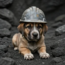 woeful sad puppy wearing hard hat in dusty coal mine, photo from 1 9 9 8,