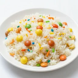 a plate of rice mixed with candy, food photography